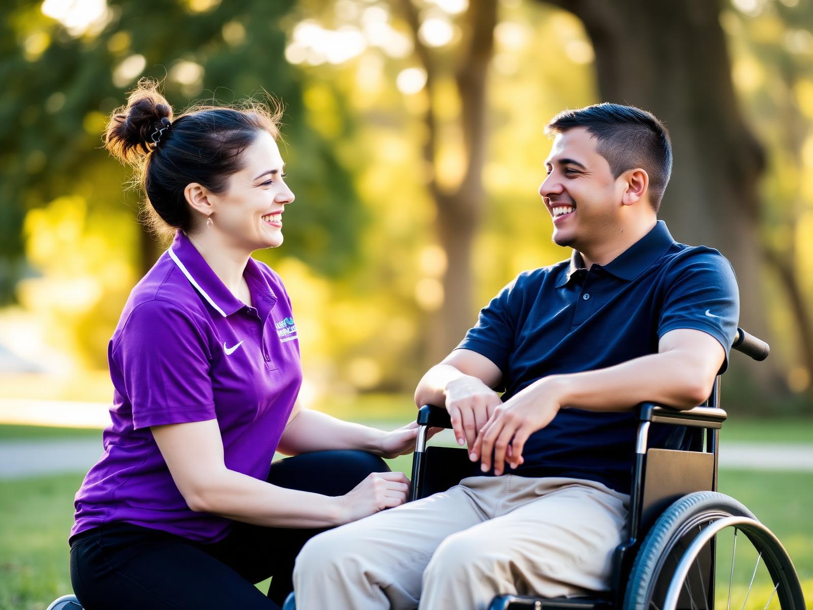 Support worker chatting with a smiling participant in a park